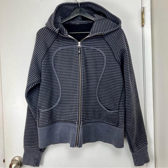 lululemon athletica Tops - Lululemon Old School Scuba Hoodie Special Edition size 12 Black Gray Stripe Yoga